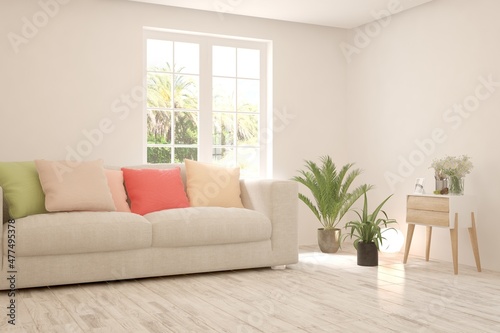 White living room with sofa and summer landscape in window. Scandinavian interior design. 3D illustration © AntonSh