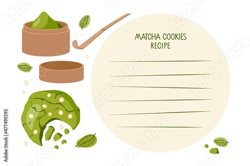 Recipe Write Template. Matcha cookies, Background for recipe. Recipe card template with blank space for writing recipe. Culinary course poster concept. Vector for wall art decor, culinary school.