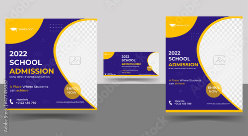 School admission social media post banner design. back to school social media post banner design set. Back to school admission promotion banner. school admission template for social media ad.