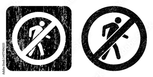 Vector no pedestrian walking subtracted pictogram. Grunge no pedestrian walking seal, done from icon and rounded square. Rounded square seal contain no pedestrian walking subtracted shape inside.
