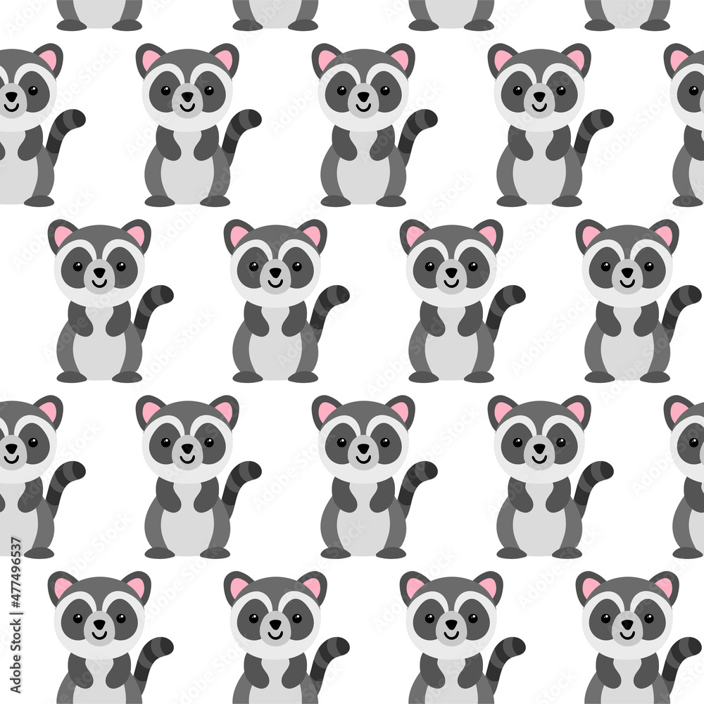 Cute raccoon Pattern. Cartoon animal background for kids, textile, pattern fabric, wallpaper.
