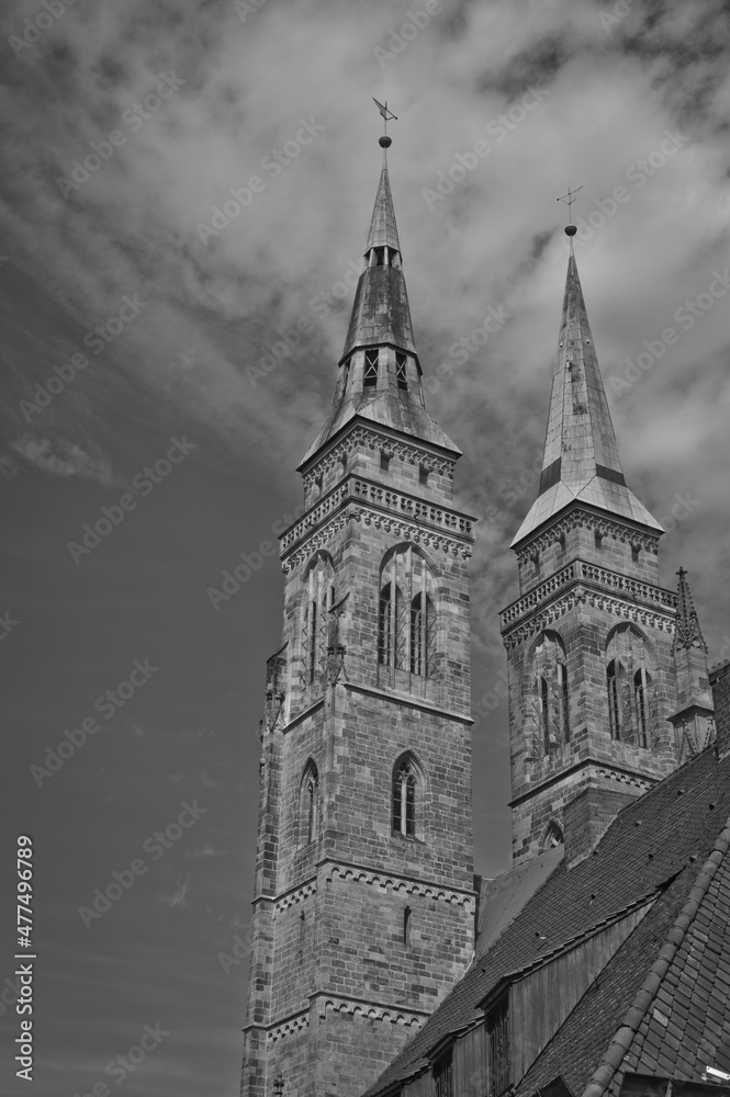 Church. Steeples. Nürnberg. Nuremberg. Sky and clouds. Black and white.