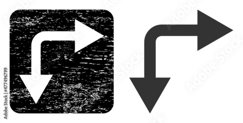 Vector bifurcation arrow right down subtracted icon. Grunge bifurcation arrow right down stamp, done with icon and rounded square. Rounded square seal include bifurcation arrow right down hole inside.
