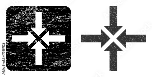 Vector compress arrows subtracted icon. Grunge compress arrows seal, done with icon and rounded square. Rounded square stamp seal include compress arrows carving inside.