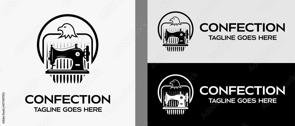 sewing machine with silhouette and eagle in circle with lines. logo design template for tailor shop, sewing craft, textile production, confetti and garment. Vector illustration of fashion and cloth