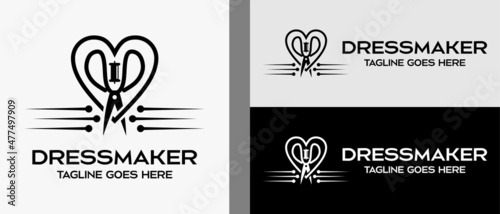 needle icon, thread and scissors icon in the heart. logo design template for tailor shop, sewing craft, textile production, confetti and garment. Vector illustration of fashion and clothes.