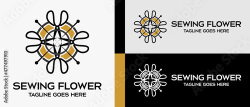 scissors and needle with flower shape silhouette. logo design template for tailor shop, sewing craft, textile production, confetti and garment. Vector illustration of fashion and clothes.