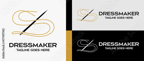 sewing needle and thread icon shaped letter s. logo design template for tailor shop, sewing craft, textile production, confetti and garment. Vector illustration of fashion and clothes.