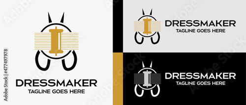 sewing thread and scissors icon. logo design template for tailor shop, sewing craft, textile production, confetti and garment. Vector illustration of fashion and clothes.