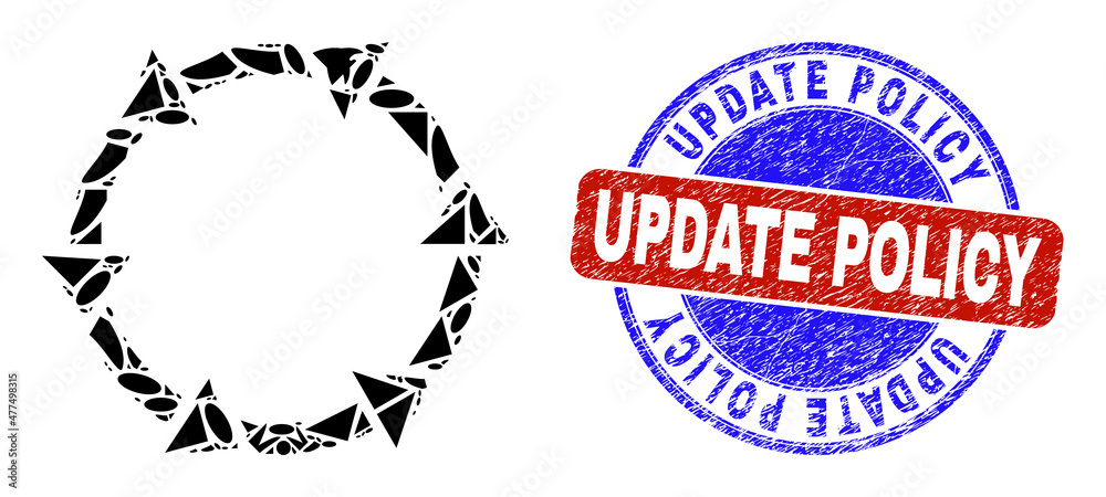 Vector mosaic rotate arrows icon, and bicolor Update Policy rubber seal print. Abstract mosaic of rotate arrows constructed of sphere, triangle, square geometric items.