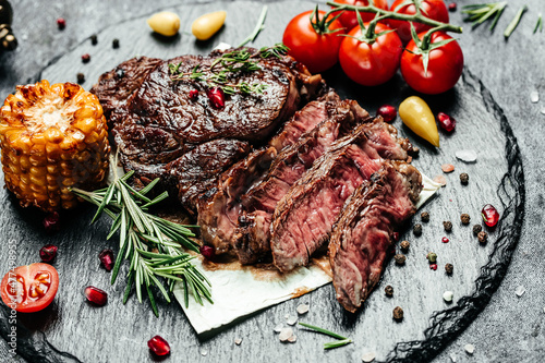 Roast rib eye beef meat steak. top view. place for text