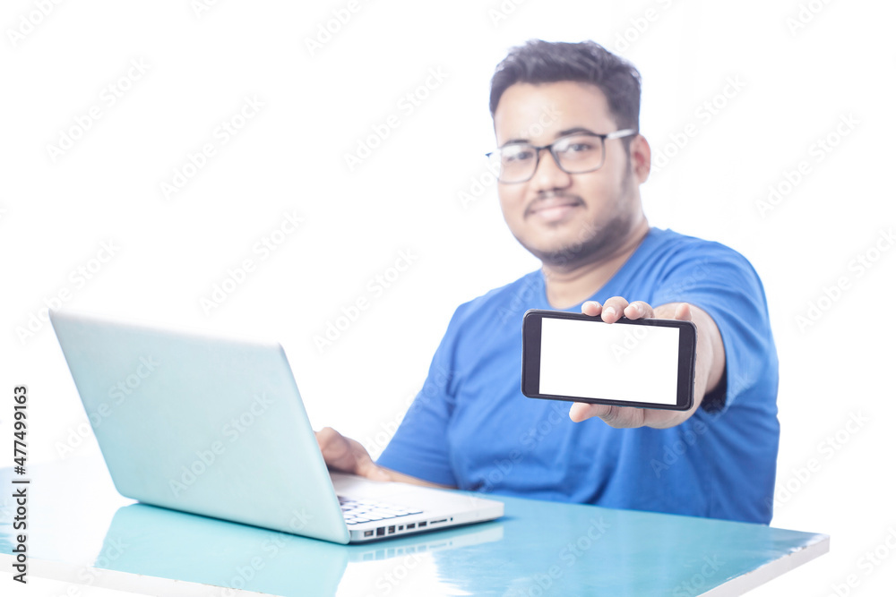 blurred man showing blank mobile phone screen with smile expression