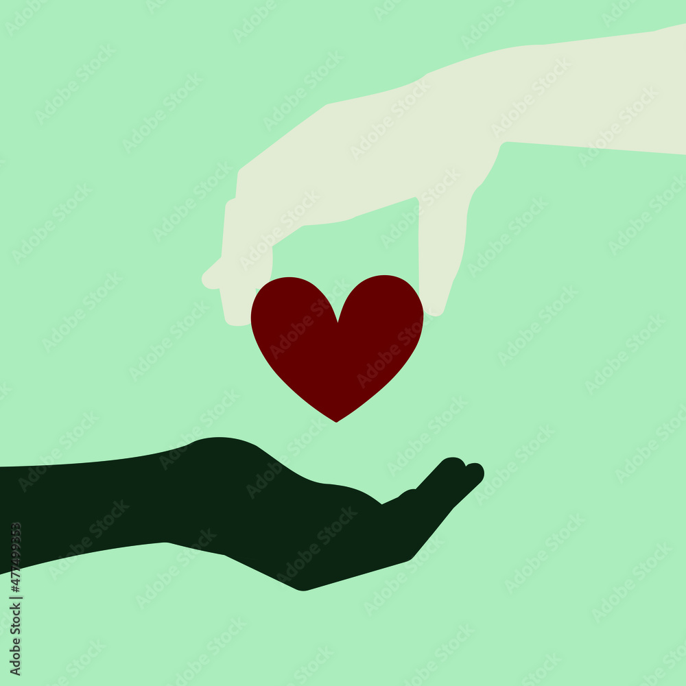 Charitable donation. A person shares money, time, health. A poster design in which the hand is giving its heart and support and the hand is receiving help. Vector. Charitable donation. A person shares money, time, health. A poster design in which the hand is giving its heart and support and the hand is receiving help. Vector.