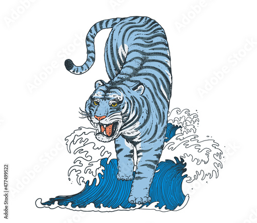 Blue Water Tiger climbing down. Tiger and sea waves. Vintage illustration with wild cat. Hand drawn vector illustration.
