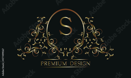 Decorative floral pattern with a letter in the center of S. Bronze elegant frame on a black background. Exclusive monogram, business sign design element, identity for hotel, restaurant, jewelry