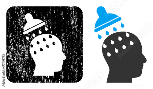 Vector brain washing subtracted icon. Grunge brain washing seal stamp, done with icon and rounded square. Rounded square stamp include brain washing cut out shape inside.