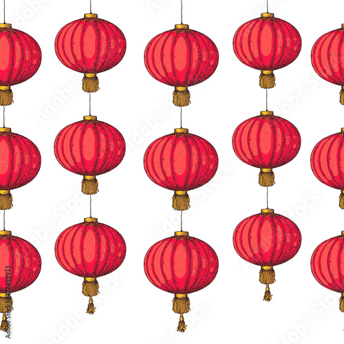 Chinese lanterns seamless pattern. Hand drawn vector illustration. Seamless background. Asian new year red lanterns. Design template. Vintage illustration.