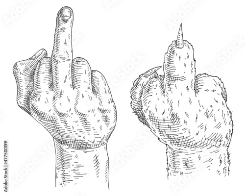 Cat paw and human hand show middle finger. Sign fuck you. engraving