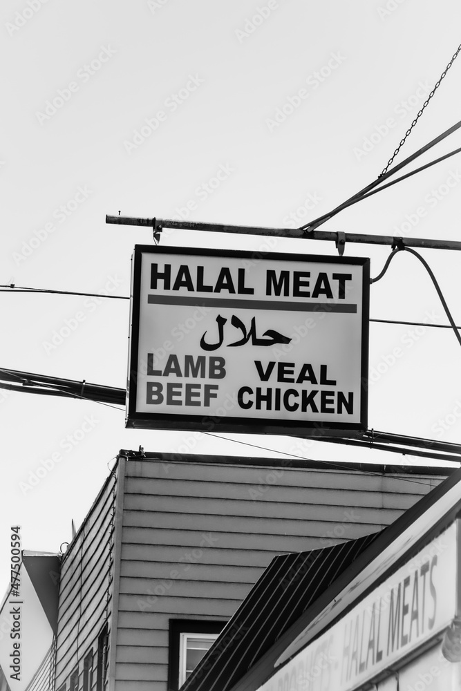 Halal meat. Sign. Black and white.