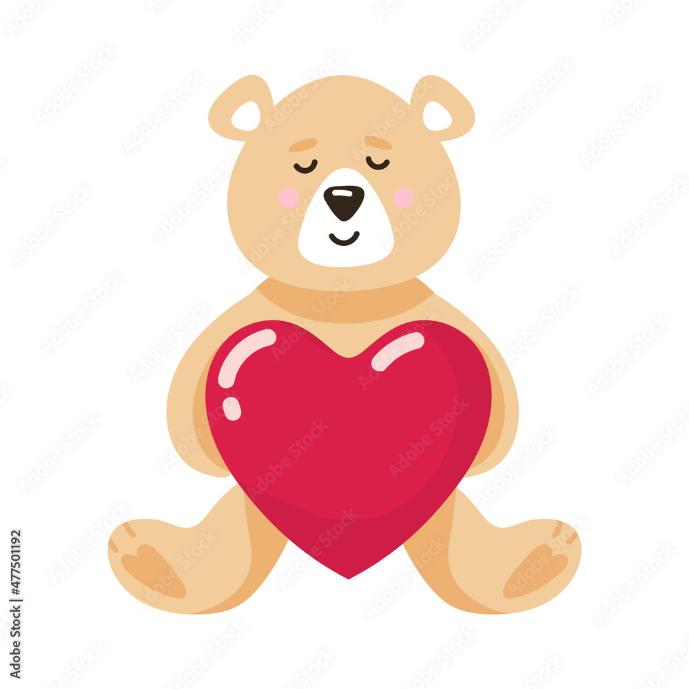 Funny Teddy Bear Cartoon with a heart, a toy, on a white background suitable for February 14, Valentine's Day Funny Teddy Bear Cartoon with a heart, a toy, on a white background suitable for February 14, Valentine's Day