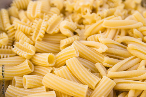 Closeup of a plate full of various types of short italian pasta