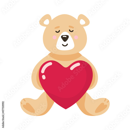 Funny Teddy Bear Cartoon with a heart, a toy, on a white background suitable for February 14, Valentine's Day