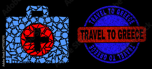 Vector mosaic medical case icon, and bicolor Travel to Greece grunge stamp. Abstract mosaic of medical case organized of circle, triangle, square geometric items.