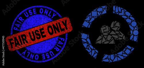 Vector mosaic users diagram icon, and bicolor Fair Use Only grunge watermark. Abstract mosaic of users diagram organized of circle, triangle, square geometric items.