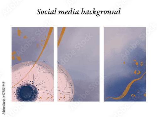 Plantillas de diseño para historias en redes sociales de motivos florales de acuarela en tonos azules, con toques dorados, con espacio para texto e imágenes