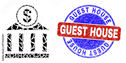 Vector mosaic dollar bank office icon, and bicolor Guest House grunge seal. Abstract concept of dollar bank office composed of spheric, triangle, square geometric elements.