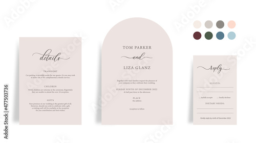 Modern arch wedding invitation template, with handmade calligraphy.