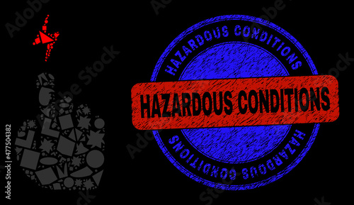 Vector mosaic electric hand icon, and bicolor Hazardous Conditions grunge seal. Abstract mosaic of electric hand organized of spheric, triangle, square geometric elements.