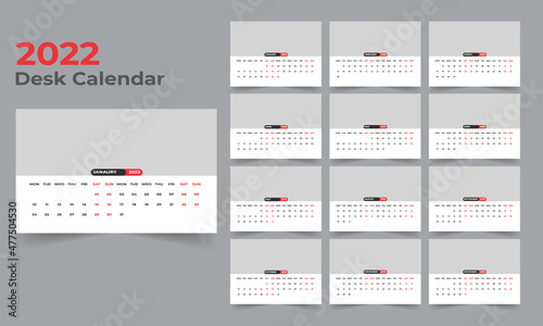Desk calendar design 2022. Week starts on Monday. template for annual calendar 2022