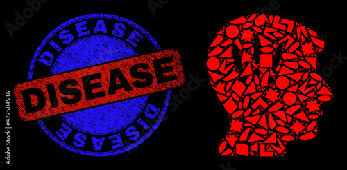 Vector mosaic headache icon, and bicolor Disease dirty stamp. Abstract mosaic of headache designed of circle, triangle, square geometric elements.