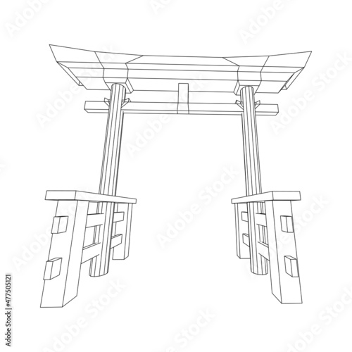 Torii sacred traditional gate. Symbol of Japan,shintoism religion. Japanese Tori arch ancient entrance. Wireframe low poly mesh vector illustration