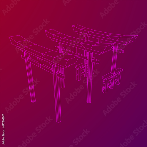 Torii sacred traditional gate. Symbol of Japan,shintoism religion. Japanese Tori arch ancient entrance. Wireframe low poly mesh vector illustration