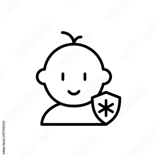 Child medical insurance thin line icon: baby with medical shield. Modern vector illustration.