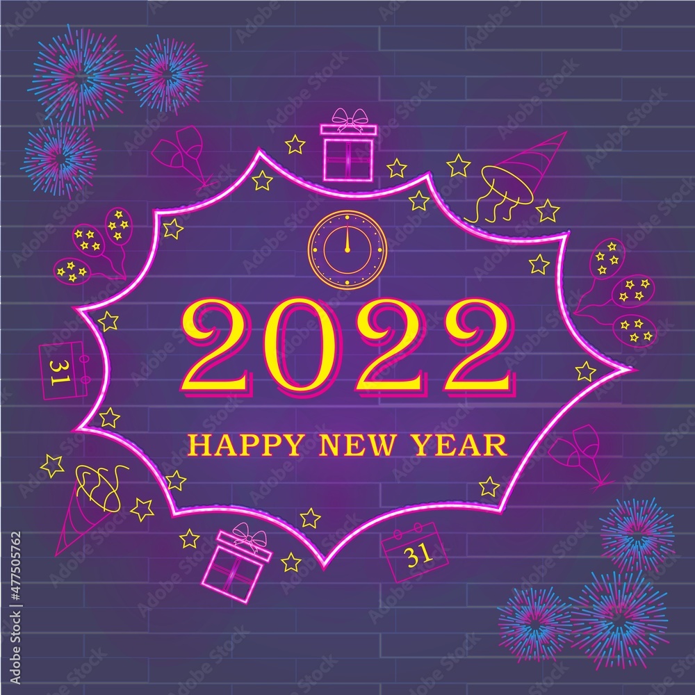 Happy New Year 2022 neon icons set vector. Bright sign boards, light banner. Modern trend design, emblems. Vector illustration.