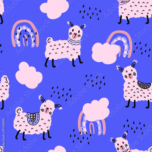 Hand drawn seamless pattern with llamas and rainbows. Perfect for T-shirt, textile and print. Doodle vector illustration for decor and design.
