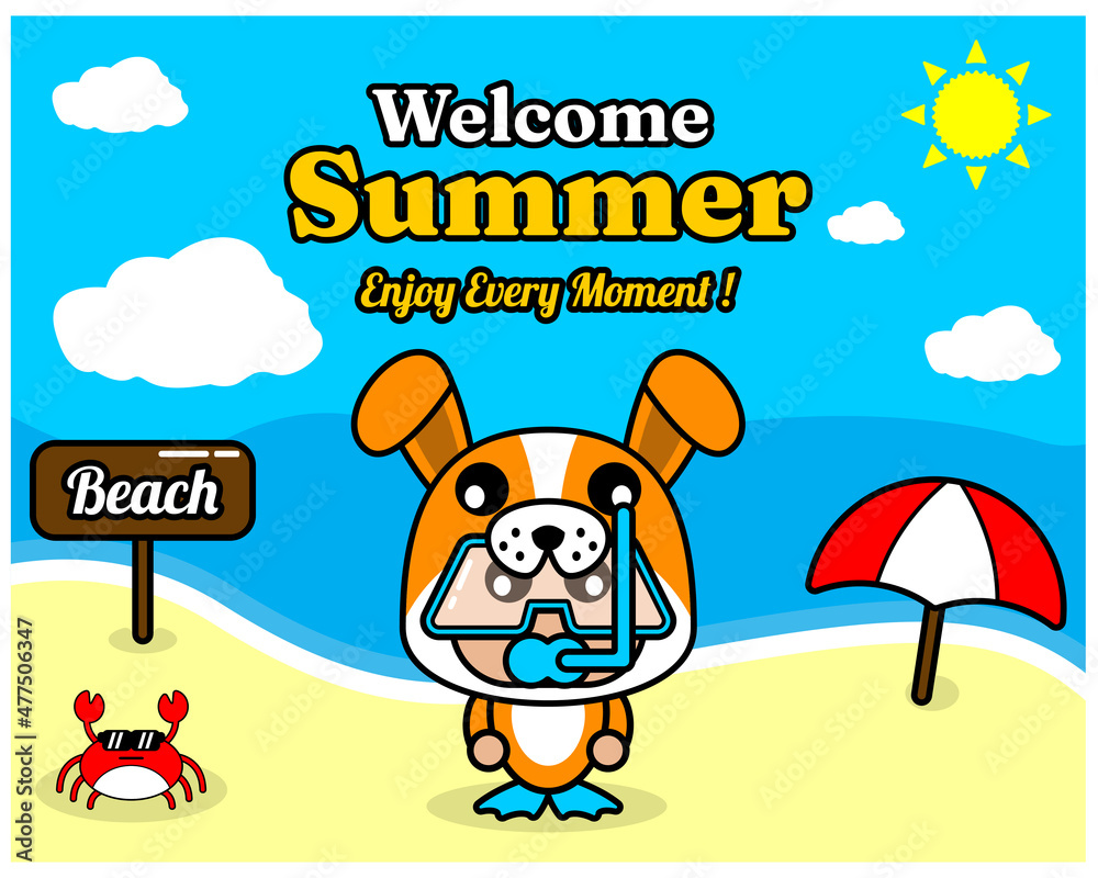 Fototapeta premium summer beach and sand background design with text enjoy every moment and summer element board that says beach, crab and umbrella, with dog animal mascot costume wearing senorkel