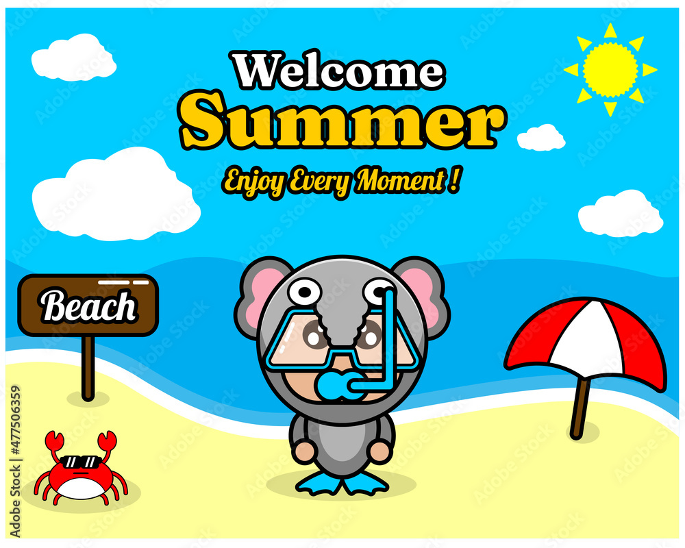 summer beach and sand background design with text enjoy every moment and summer element board that says beach, crab and umbrella, with elephant animal mascot costume wearing a senorkel summer beach and sand background design with text enjoy every moment and summer element board that says beach, crab and umbrella, with elephant animal mascot costume wearing a senorkel