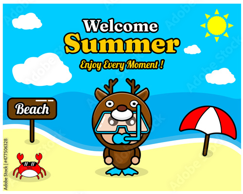 summer beach and sand background design with text enjoy every moment and summer element board says beach, crab and umbrella, in deer animal mascot costume wearing senorkel