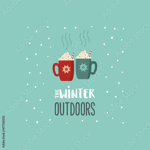Winter season outdoors leisure fun minimal flat color vector icon. Cocoa mugs cute cartoon design element. Hot chocolate cup to warm up in cold wintertime sign. Hot drink bar illustration background