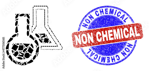 Vector mosaic chemical glassware icon, and bicolor Non Chemical dirty badge. Abstract mosaic of chemical glassware designed of circle, triangle, square geometric spots.