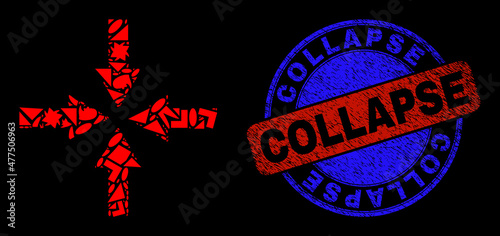 Vector mosaic collapse arrows icon, and bicolor Collapse unclean stamp seal. Abstract mosaic of collapse arrows combined of circle, triangle, square geometric spots.