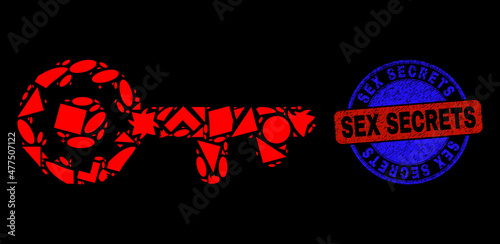 Vector mosaic key gear icon, and bicolor Sex Secrets unclean watermark. Abstract concept of key gear composed of round, triangle, square geometric items.