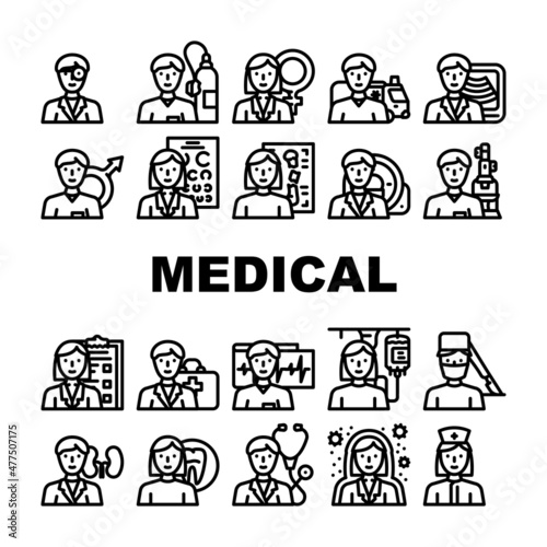 Medical Speciality Health Treat Icons Set Vector. Dentist And Oculist, Immunologist And Therapist, Gynecologist And Urologist Doctor Hospital Medical Speciality Black Contour Illustrations