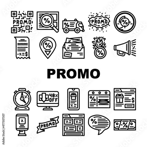Promo And Advertising Coupon Icons Set Vector. Qr Code On Sale Discount And Newsletter With Advertise Messenger, Promo Street Banner And Promotional Ribbon Black Contour Illustrations