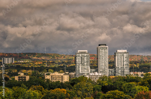 Apartment buildings poke out of the suburban forest seen on a bright sunny fall day with changing colours rising up the escarpment