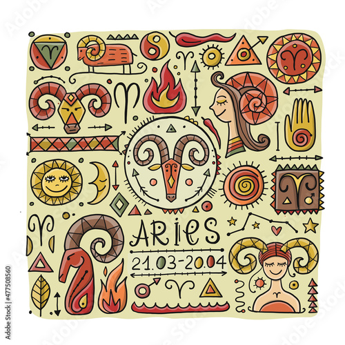 Illustration of Aries zodiac sign. Element of Fire. Design of Astrology Calendar, Horoscope, Print.